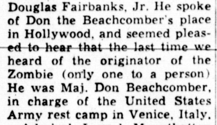 1945 newspaper column naming Don the Beachcomber as the originator of the Zombie